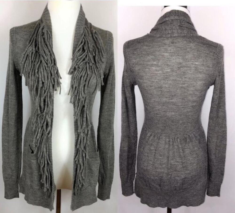 Rebecca Taylor Gray Wool Blend Fringe Peplum Cardigan Size Small Quiet Luxury